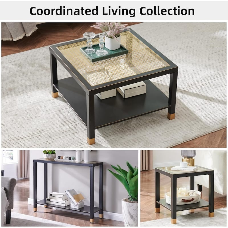 Industrial Square Coffee Table - 27.6" Matte Black Steel Frame & Gold Mesh Glass Top