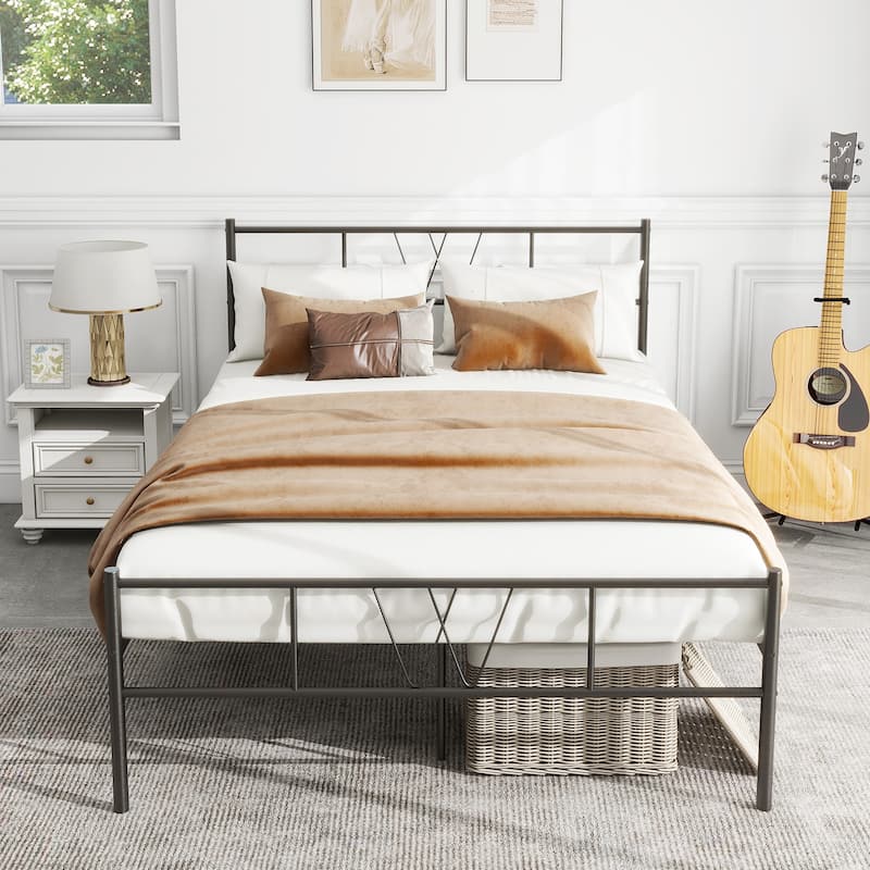 Full Size Metal Bed Frame with Headboard Platform Bed / Heavy Duty/ Solid Metal Slat / No Box Spring Needed, Twin Bed Frame - Twin
