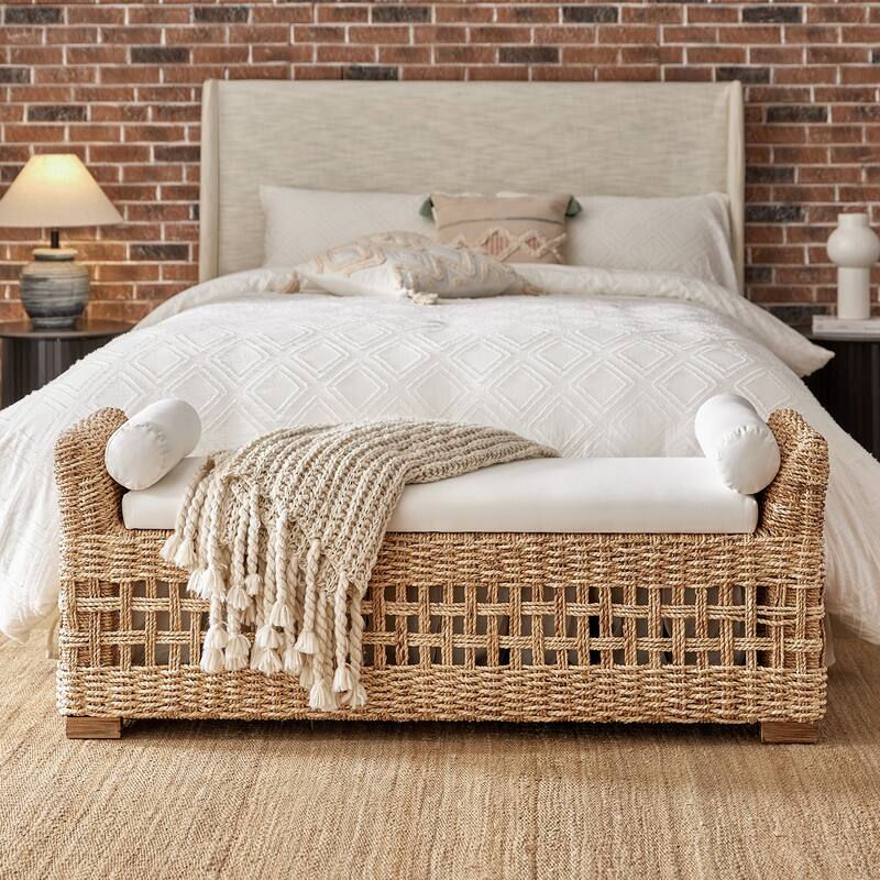 Abel Boho Coastal Ratten Storage Bench with Hollow-Carved Design and Solid Wood Foot by HULALA HOME