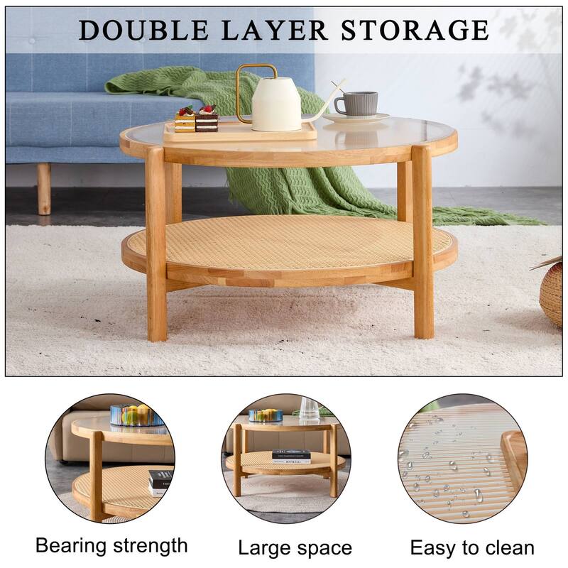 Elegant Round Rattan Weaved Coffee Table with Solid Wood Frame, Double-Layer Design for Living Room or Bedroom