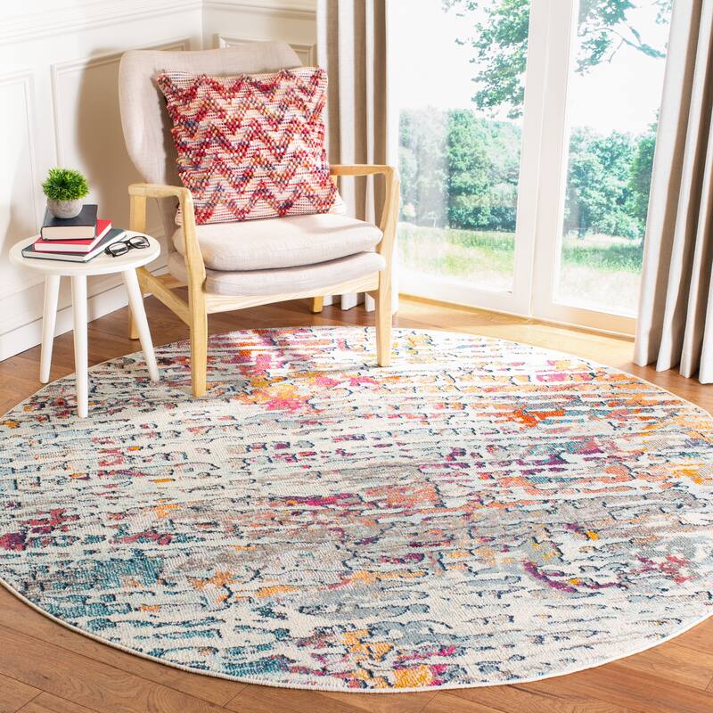 SAFAVIEH Madison Erlinda Vintage Boho Abstract Rug - 6'7" Round - Light Blue/Orange