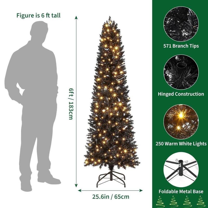 6ft Pre-Lit Black Pencil Christmas Tree with 250 Color Changing LED Lights