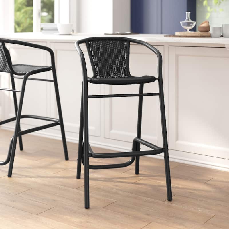 Commercial Indoor-Outdoor Rattan Restaurant Barstool with Aluminum Frame - N/A
