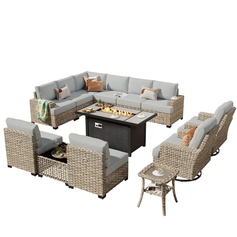 HOOOWOOO 13-piece Outdoor Wicker Furniture Swivel Chair Set with 54" Fire Pit Table