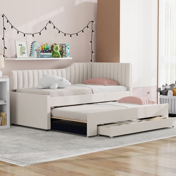 slide 2 of 48, Daybed Captain Bed Upholstered Bed with Trundle and 3 Drawers, Elegance Stripe Design L-Shaped Upholstered Daybed Platform Bed Beige - Twin