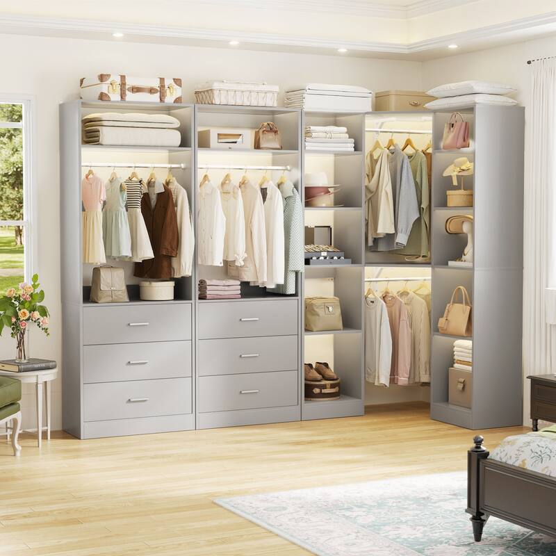 Corner Closet System with 6 Drawers & 4 Hanging Rods,Set of 3,Reversible Walk-in Closet Organizer System with Adjustable Shelves