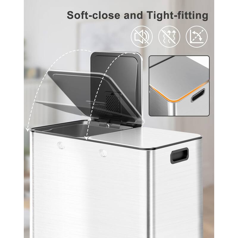 Large Dual Trash Can 2 x 8 Gallons- 60 Liters Stainless Steel Kitchen Double Trash Can