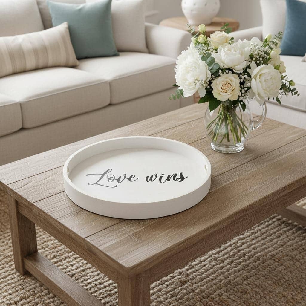 HomeRoots 14" Gray And Black Love Wins Round Serving Tray With Handles - 13.75 in. x 1.65 in. x 13.75 in.