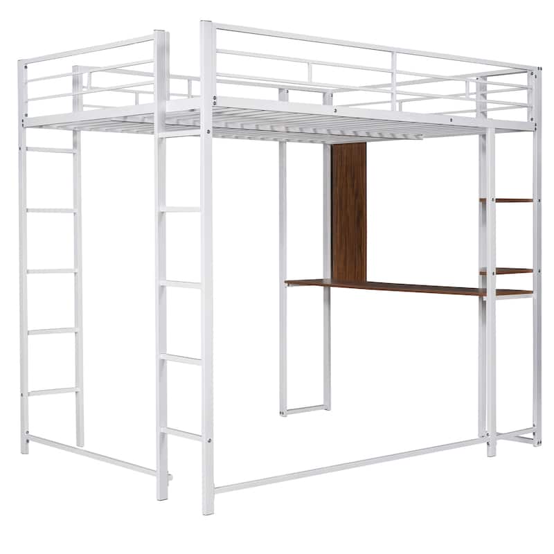 Full Loft Bed with Desk and Shelves for Study and Storage, Metal Frame