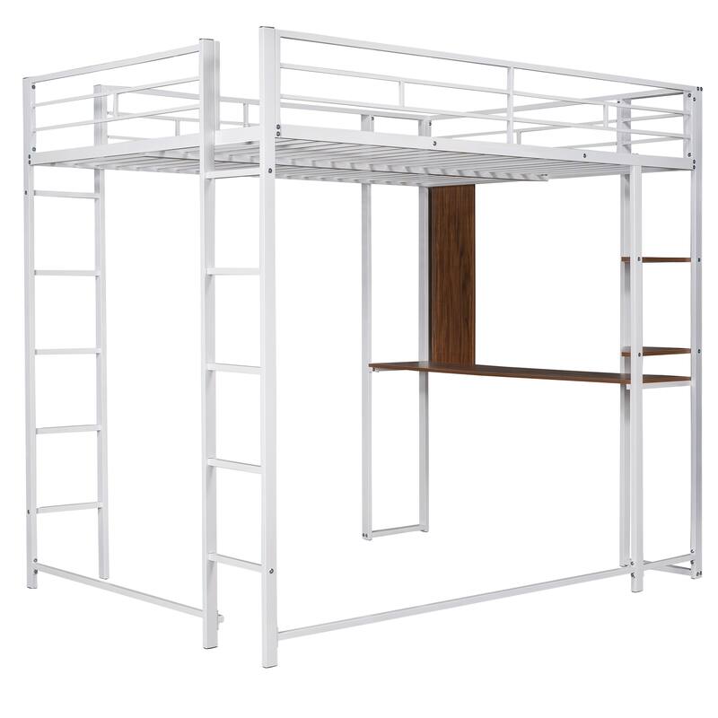 Full Size Metal Loft Bed with Desk and 2 Shelves, White
