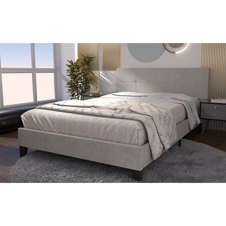 Upholstered Linen Queen Bed Frame Set, Beds Headboard with Wings & Platform & Slats，Gray
