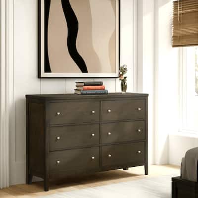 Wily Wide Dresser, Dark Brown Wood, 6 Drawers with Round Nickel Knobs