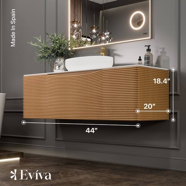Eviva Leah 44 in. W x 20 in. D Medium Oak Wallmount Bathroom Vanity with White Solid Surface Top and Vessel Sink
