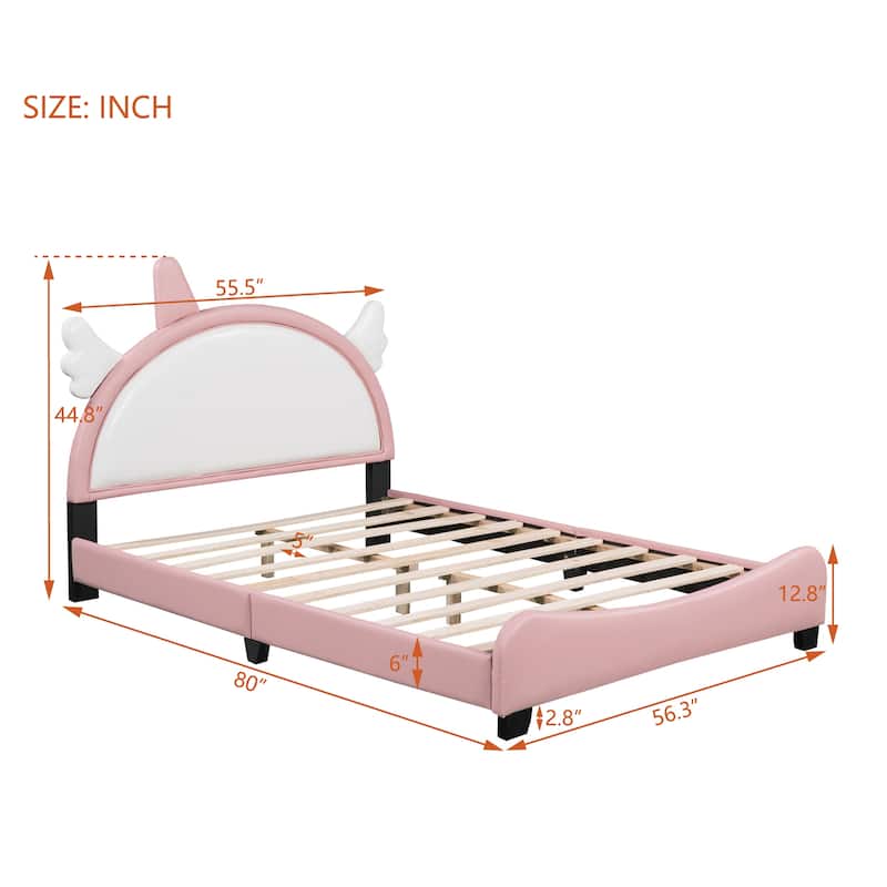Full Size Pink Upholstered Bed with Unicorn Shape Headboard