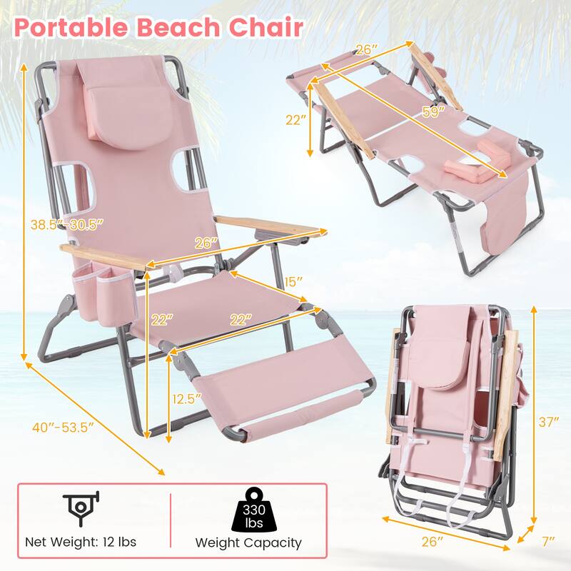 Oxford Cloth Metal Folding Beach Chair with Adjustable Recline and Face Hole - 26" x 40"-53.5" x 38.5"-30.5"