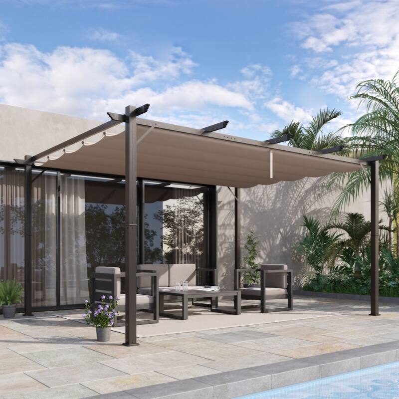 10' x 13'Outdoor Retractable Pergola Canopy,Aluminum Patio Pergola,Backyard Shade Shelter,Brown