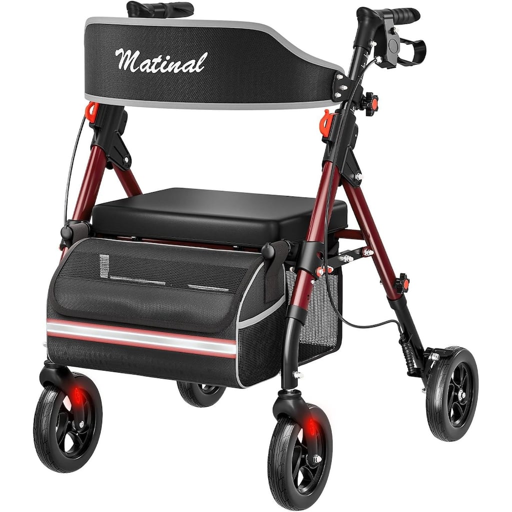 Matinal Foldable Rollator Walkers with Seat for Seniors, 350 lb Capacity, 8'' Big Wheels, 6-Position Height