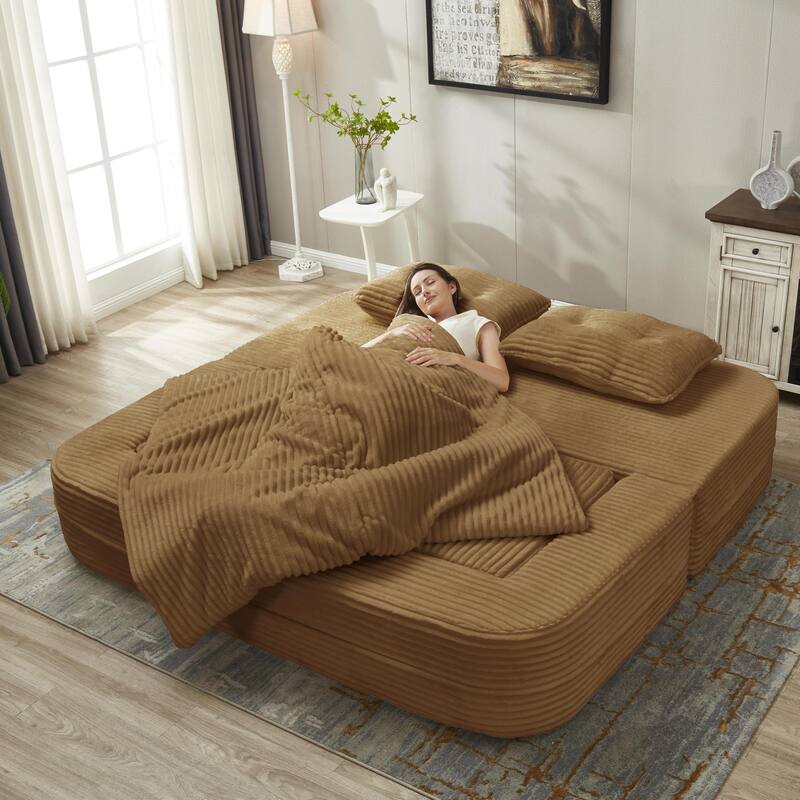 Convertible Floor Sofa Bed with Chaise Lounge, Corduroy 3-in-1 Sofa, Sofa to Bed with Dual-Purpose Blanket, No Assembly Required