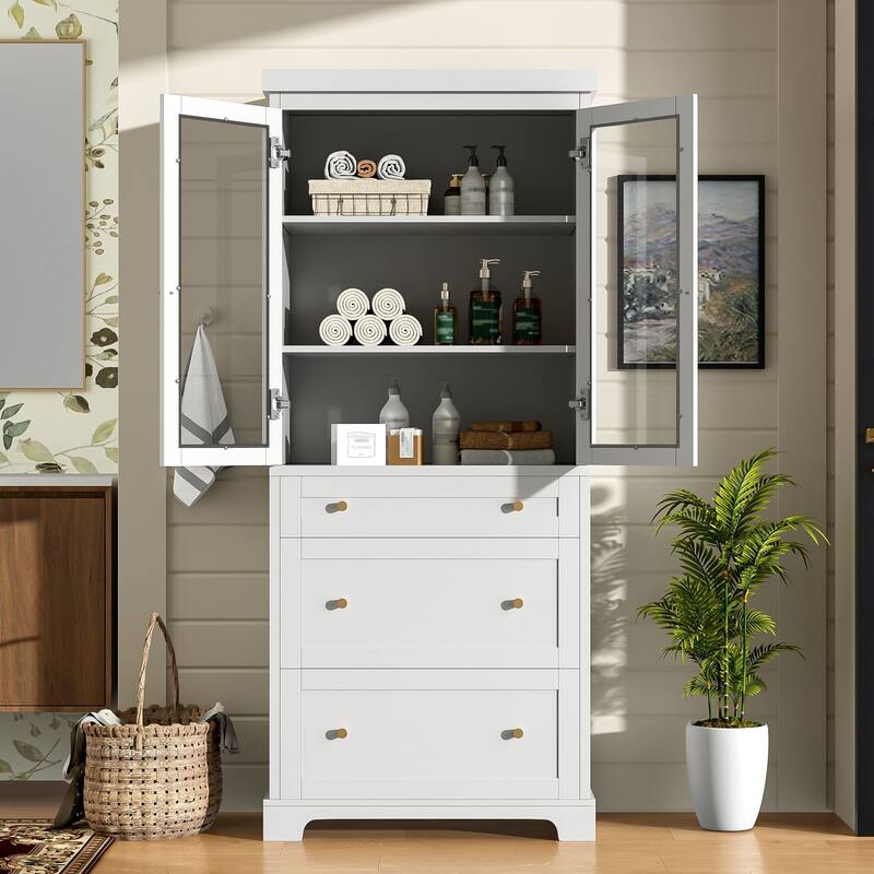 70.1" Tall Bathroom Floor Storage Cabinet, Freestanding Cabinet with Soft Close Glass Doors, Adjustable Shelves