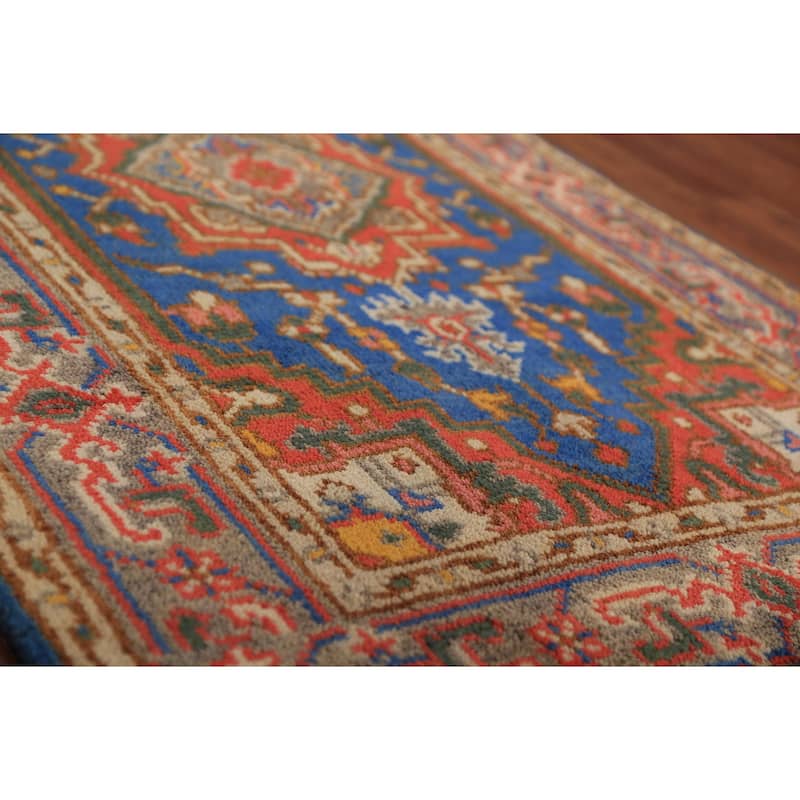 Blue Geometric Heriz Serapi Indian Foyer Rug Handmade Wool Carpet - 3'0"x 5'0"