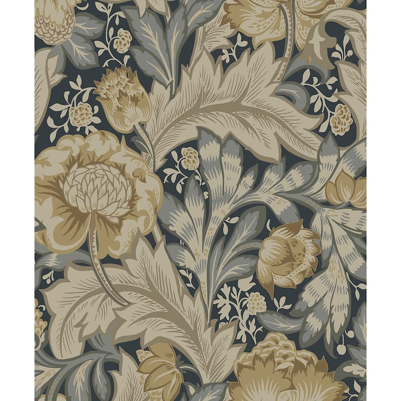 NextWall Acanthus Garden Floral Peel and Stick Wallpaper - 20.9 in. W x 18 ft. L - Midnight Blue & Neutral