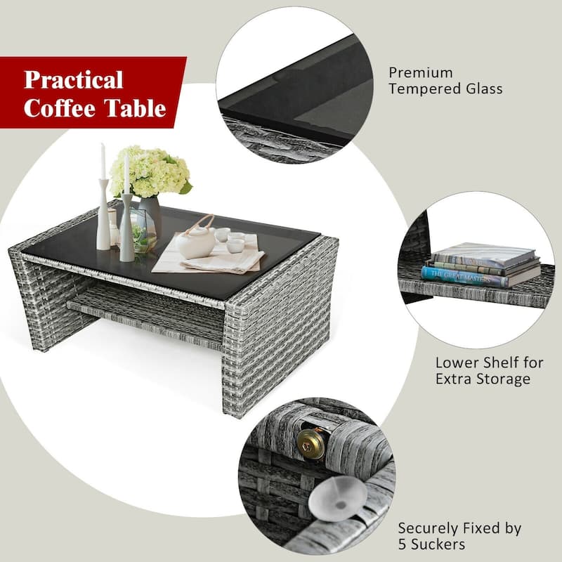 4 Pieces Patio Rattan Furniture Set Sofa Table with Storage Shelf Cushion - 48.5" x 26.5" x 30" (L x W x H)