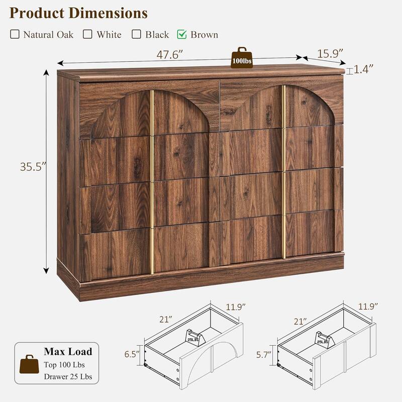 Modern Arched 8 Chests Drawer, Large Dressers for Bedroom, Living Room