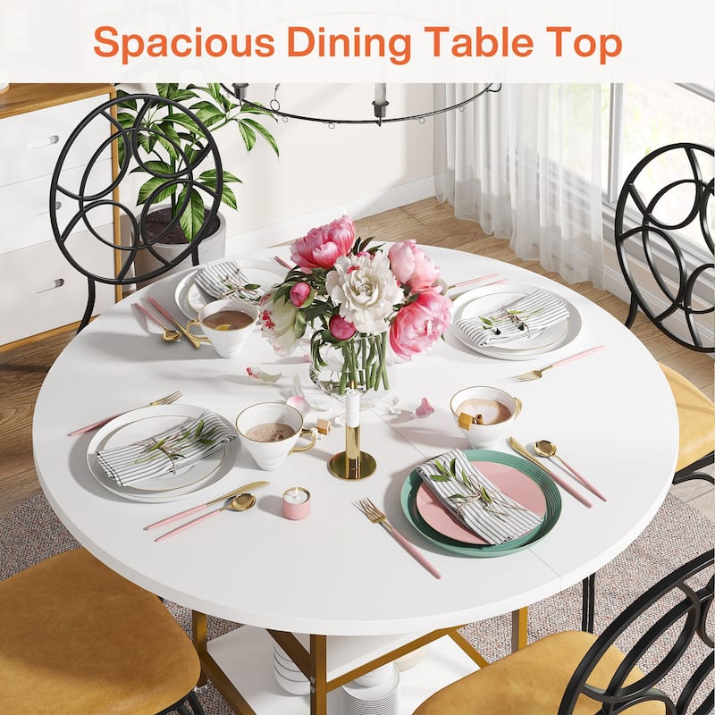 Dining Table with Storage Shelves for 4 People, Rustic Color Contrast Kitchen Table