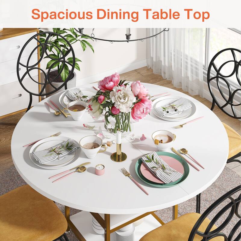 Kitchen Table Dining Table for 4 with Storage Shelf Metal Legs Wood Table Top for Home Dining Room Living Room