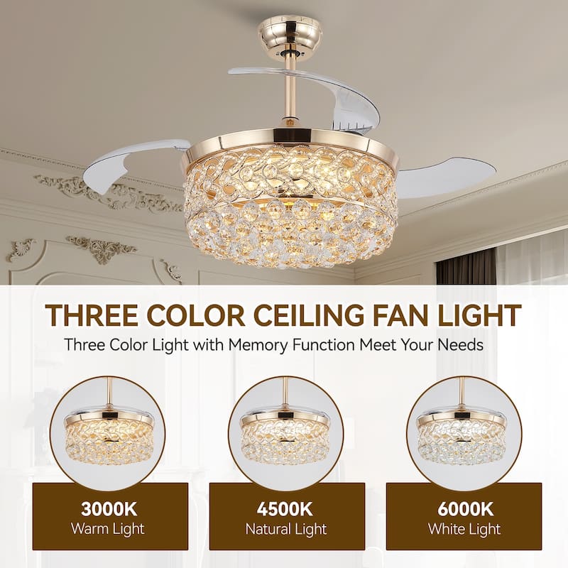 Kviflon 48'' Retractable Ceiling Fan with Lights and Remote 6 Speed, 3 Light Change Retractable Blade Chandelier Ceiling Fan