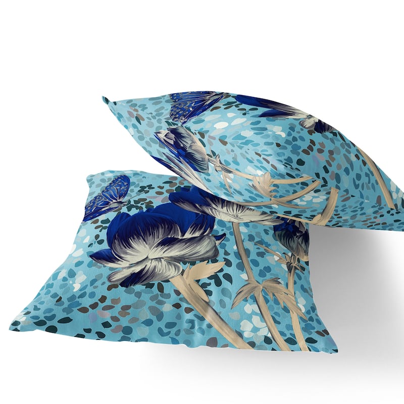 HomeRoots Set of Two 16" X 16" Blue and Gray Butterfly Blown Seam Floral Indoor Outdoor Throw Pillow - 16.00' X '16.00' X '5.00