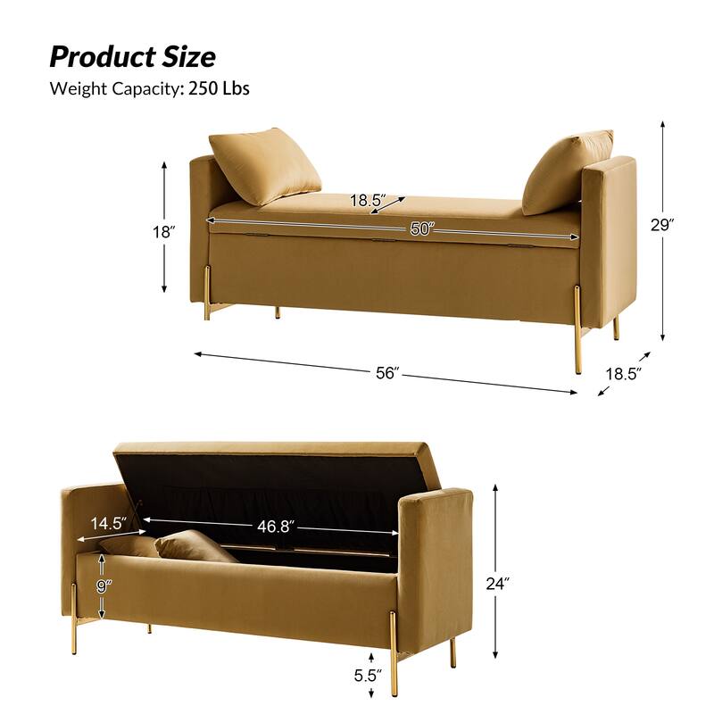 Angelus Modern 56''W Upholstered Flip Top Storage Bench withTwo Pillows and Arms by HULALA HOME