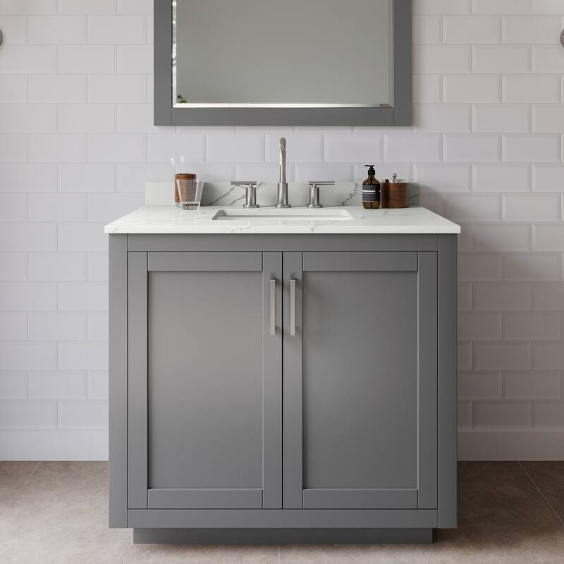 Wyndham Collection WCF292936S-QTZ-US3MXX Miranda 36" Free Standing - Dark Gray / Giotto Quartz Top / Brushed Nickel