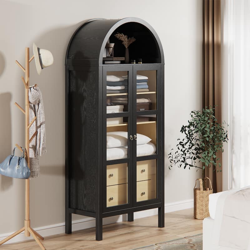 Modern Arched Cabinet with Glass Doors,72" Tall Arch Storage Cabinet with Height Adjustable Shelf and 2 Drawers Bookshelf