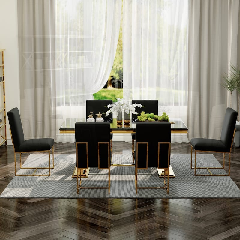 White and Gold Dining Room Table Set with 72 inch Table and White PU Leather Dining Chairs