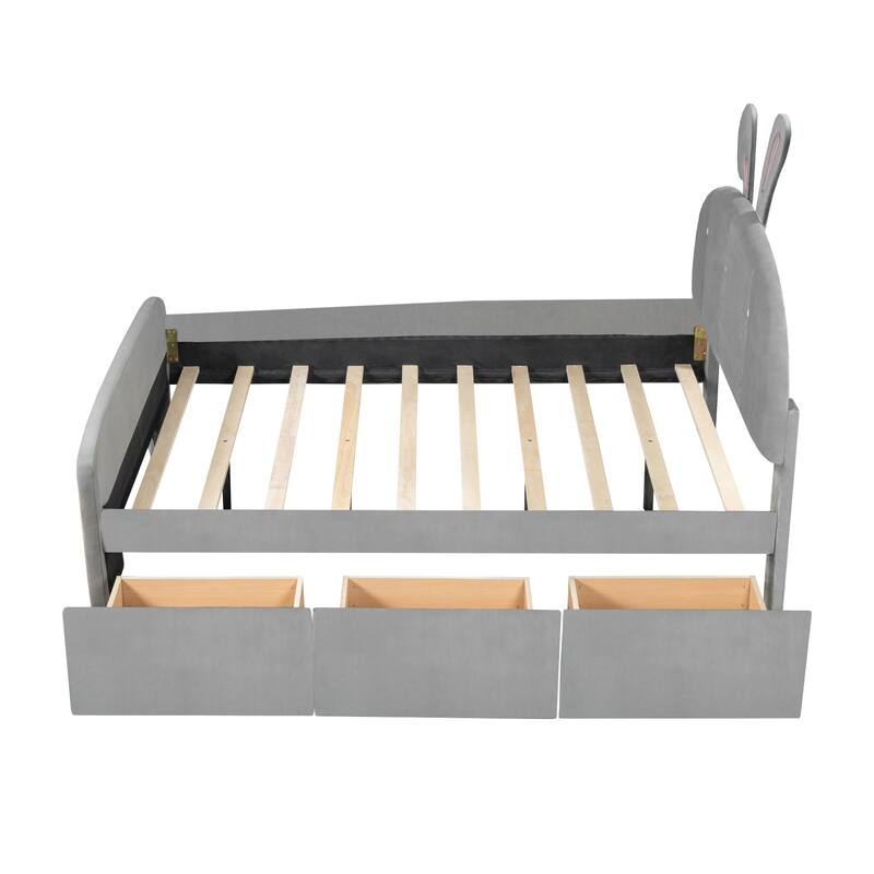 Gray Full Size Velvet Platform Bed with Rabbit-Shaped Headboard,Drawers and Bed-End Storage Pocket
