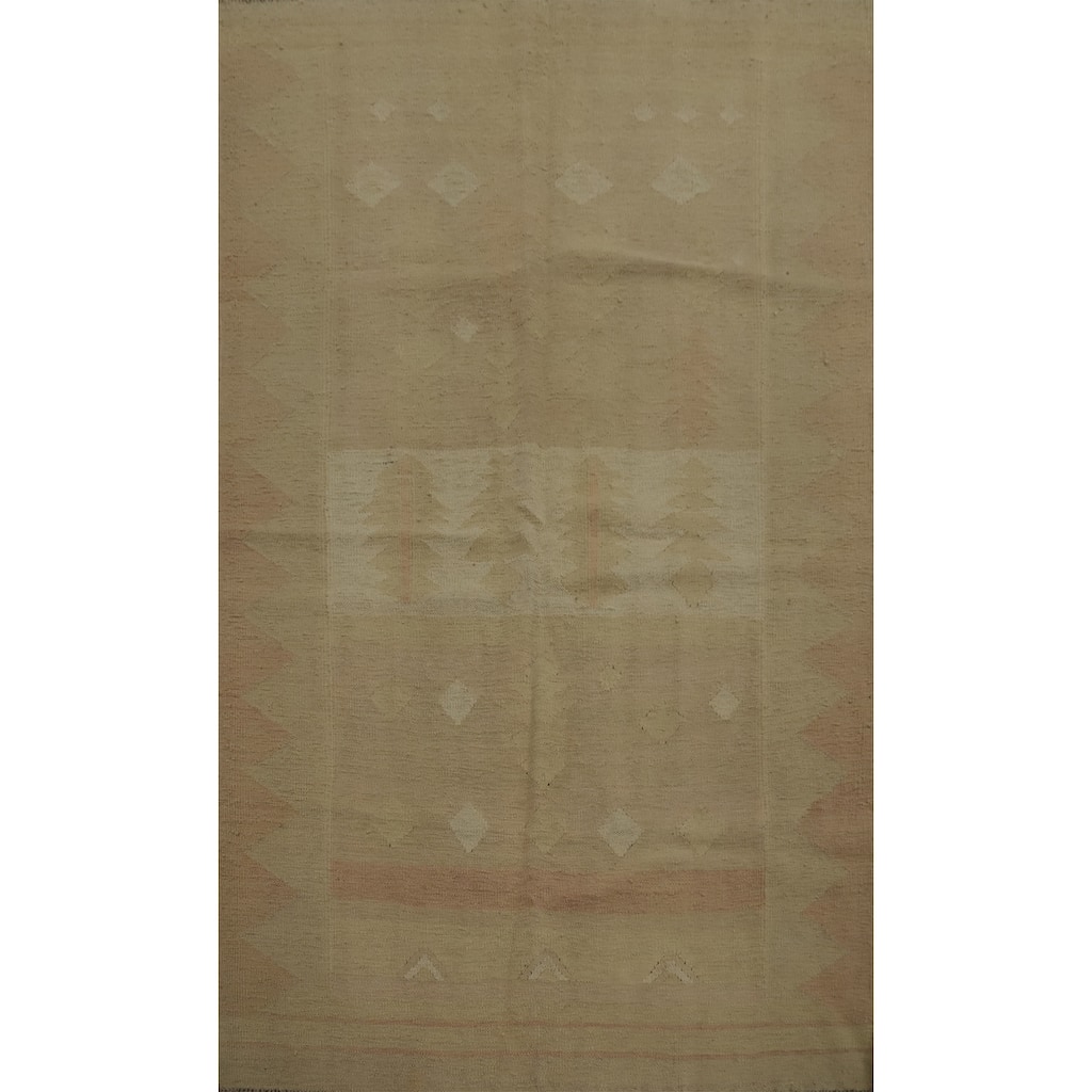 Hand Woven Oriental 100% Wool Carpet Southwestern Tribal Beige & Ivories Kilim Area Rug - 6' 2'' X 4' 2''