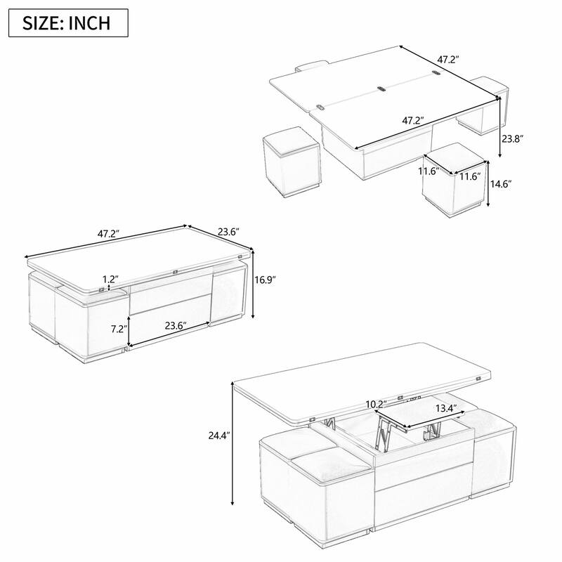 Multi-Functional Lift-Top Coffee Table with 4 Storage Stools,with Foldable Top,for Living Room