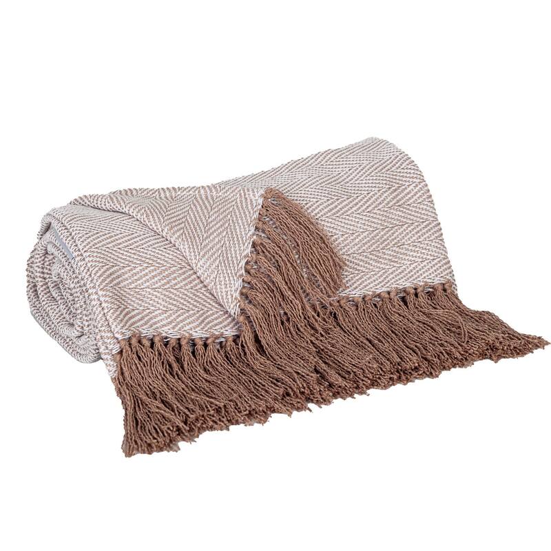 HomeRoots 50" X 60" Beige and Brown Woven Cotton Herringbone Throw Blanket with Fringe