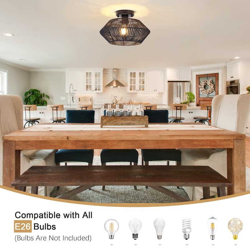 Modern Farmhouse Style Hand-Woven Rattan Semi Flush Mounts Light Fixture for Kitchen Living Room