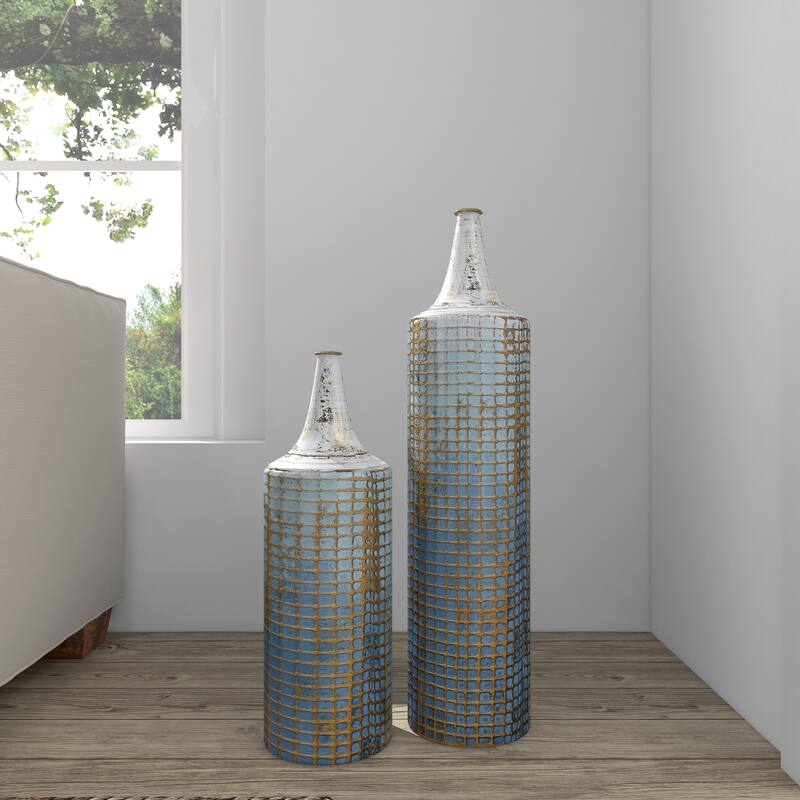 Blue Metal Distressed Tall Geometric Decorative Vase with Grid Pattern and Gold Accents (Set of 2)