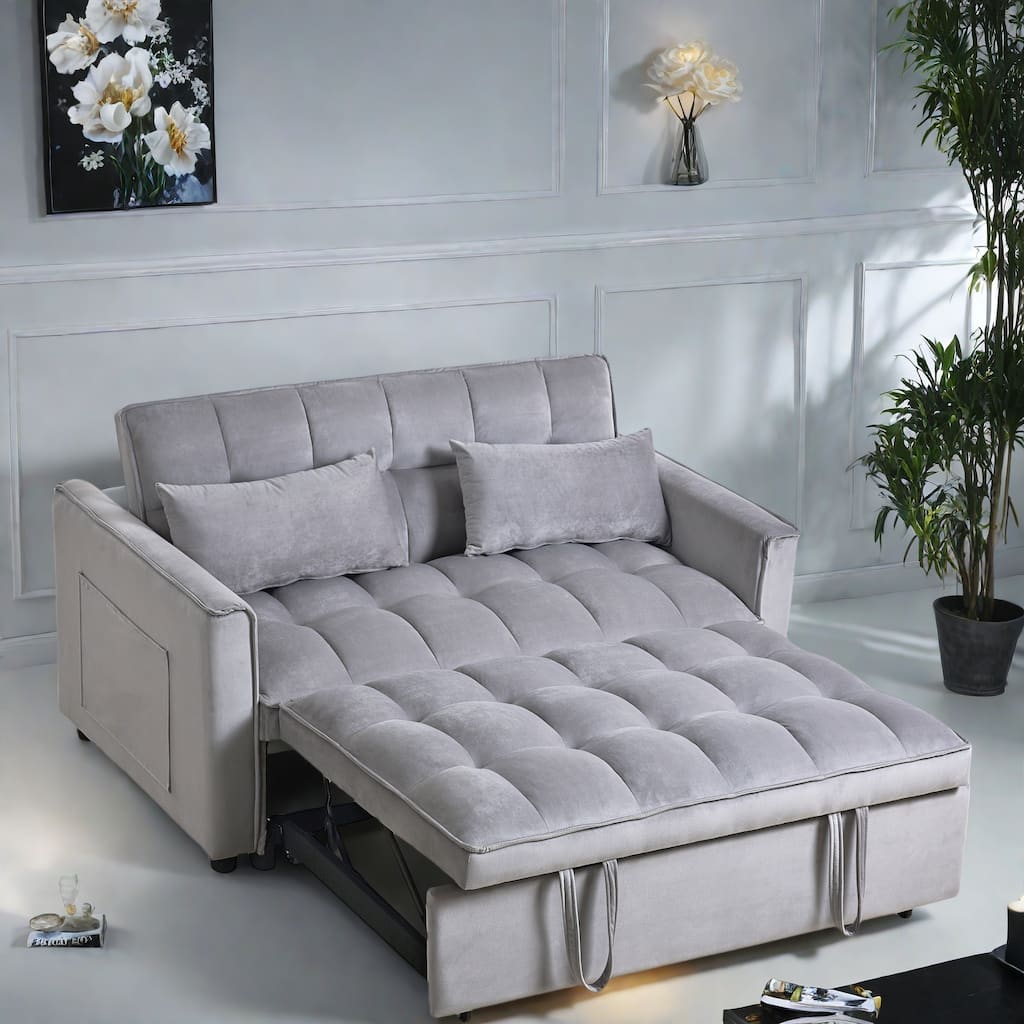 55"Velvet 2-Seater Sleeper Sofa with Curved Backrest with Fiber Cotton for Comfort