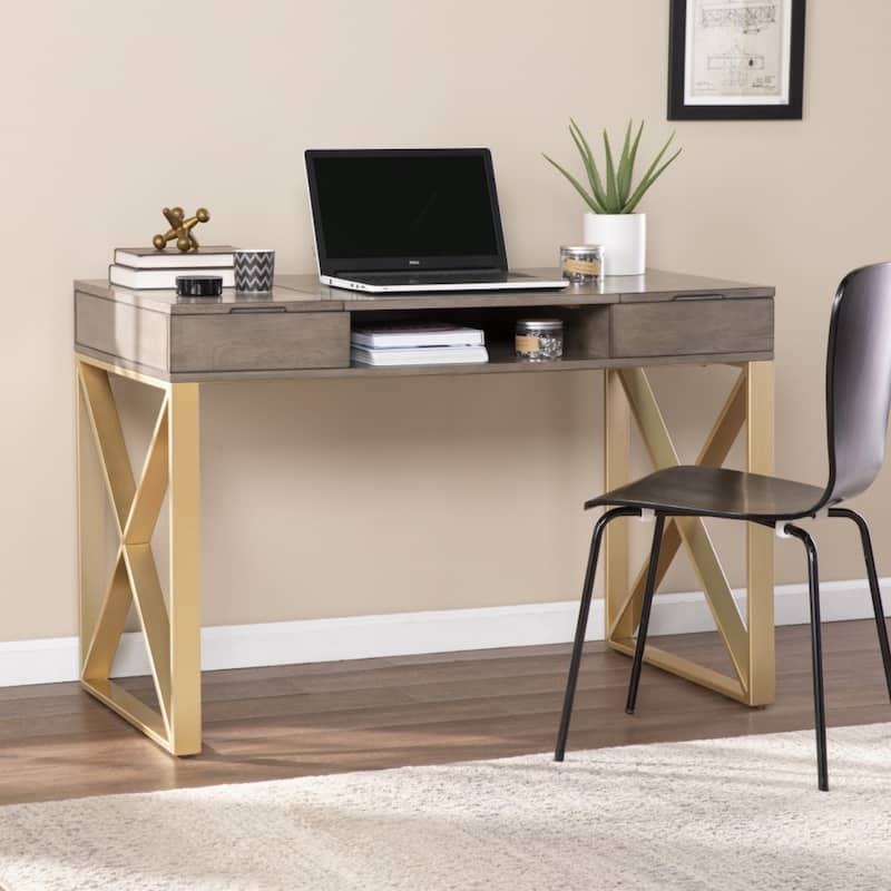Grey Wood Gold Sled Base Writing Desk with Drawers and Shelves and Rectangular
