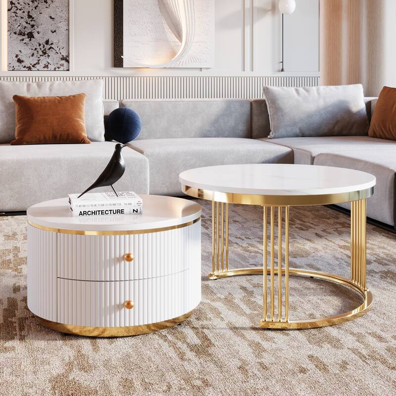 Modern 2 Pieces White Round Nesting Coffee Table with Drawers