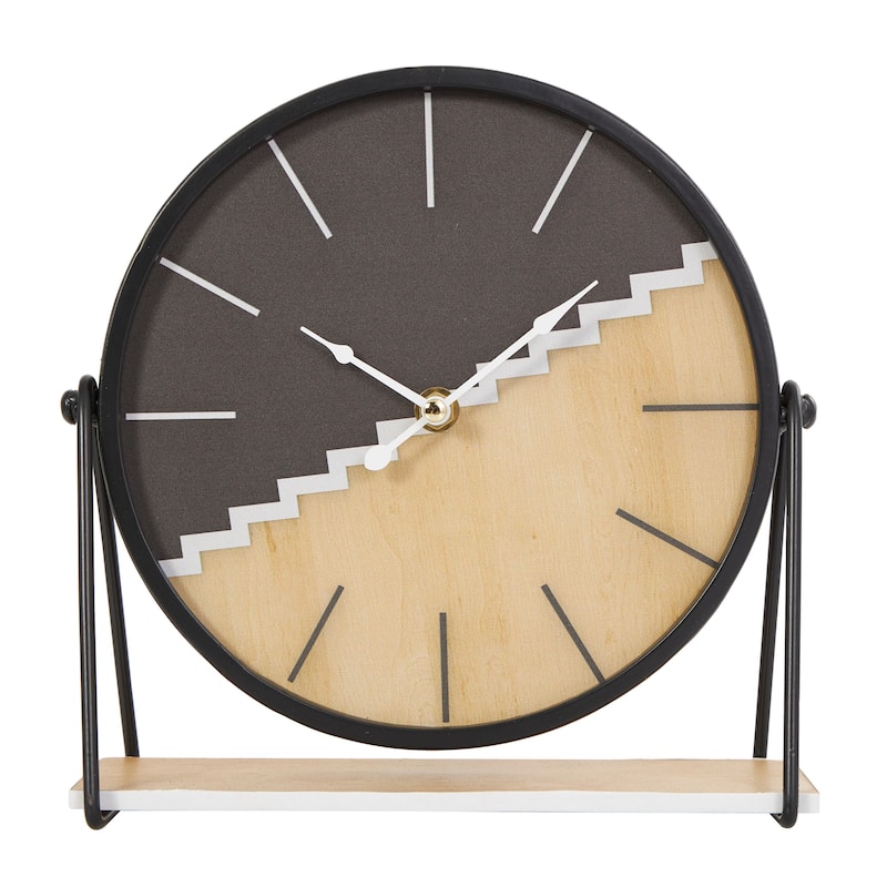 Black Wooden Geometric Decorative Clock with Brown Wood Accents
