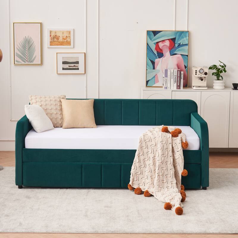 Twin Size Velvet Upholstered Daybed, Wood Sofa Bed Frame Daybed Couch with Trundle Bed and Wood Slat