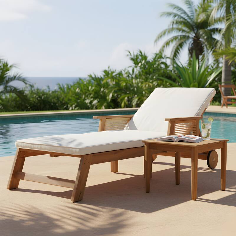 Christopher Knight Home - Kito Outdoor Acacia Wood Adjustable Chaise Lounge Set with 20" Square Slatted Side Table - 2-Piece Set-Brown+Beige