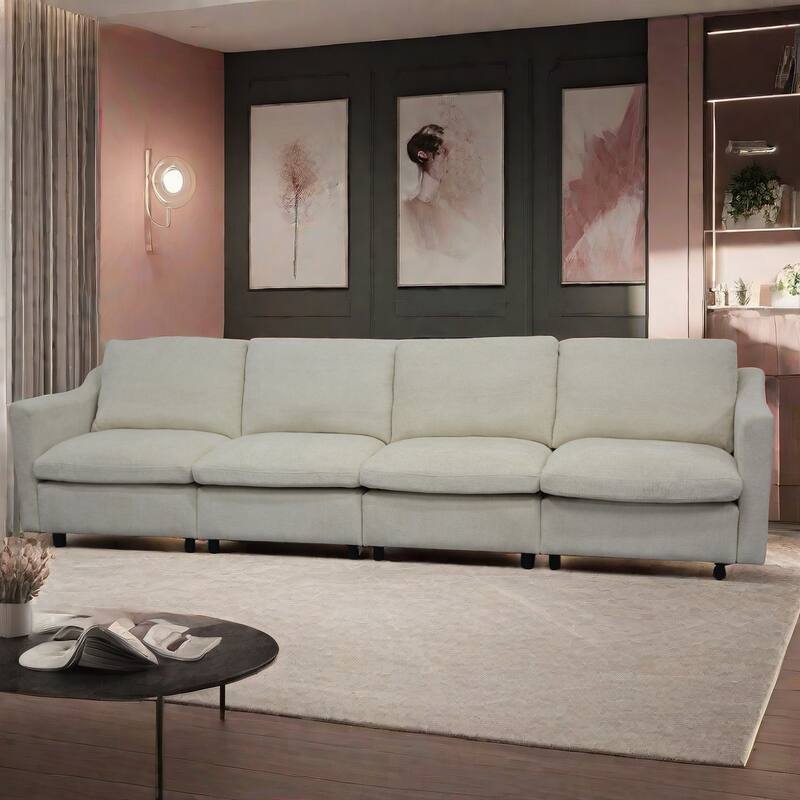 4-Seater Modern Beige Fabric Modular Sofa with Ottoman, Armrest Pockets and 4 Pillows