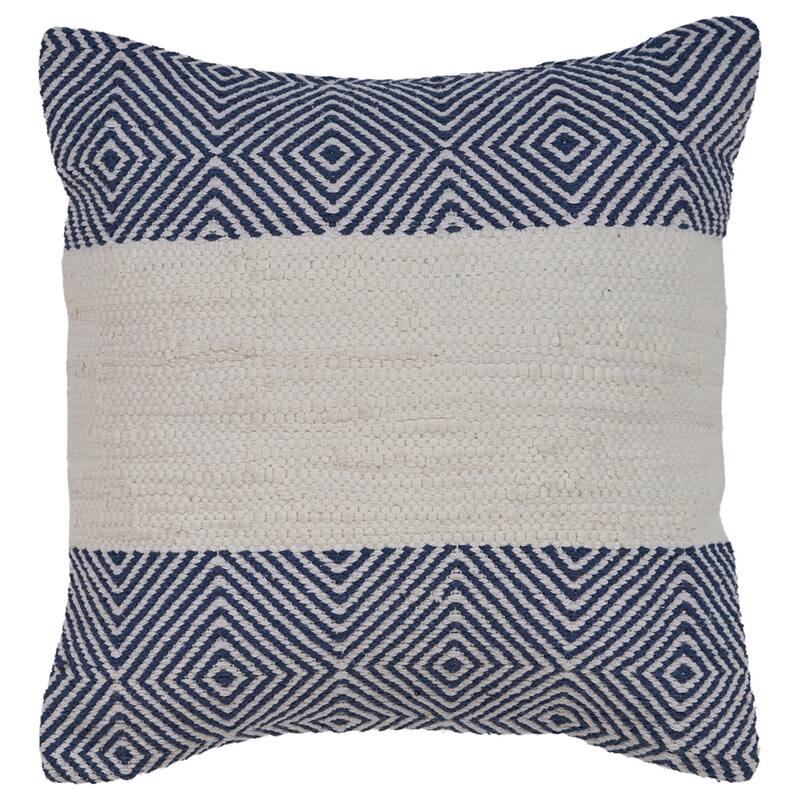 Handwoven Overtufted Diamond Square Cotton Throw Pillow Cover - 18" - Blue and Cream