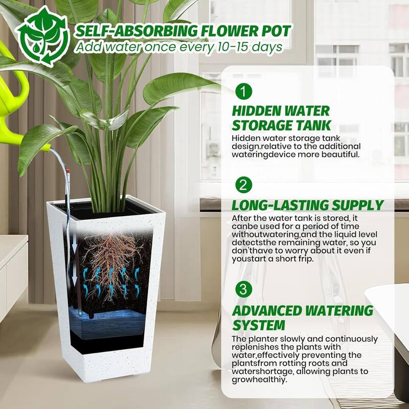 2-Pack 21.7-Inch Tall Planters with Drainage Holes Water Level Monitor and Inner Bucket Black